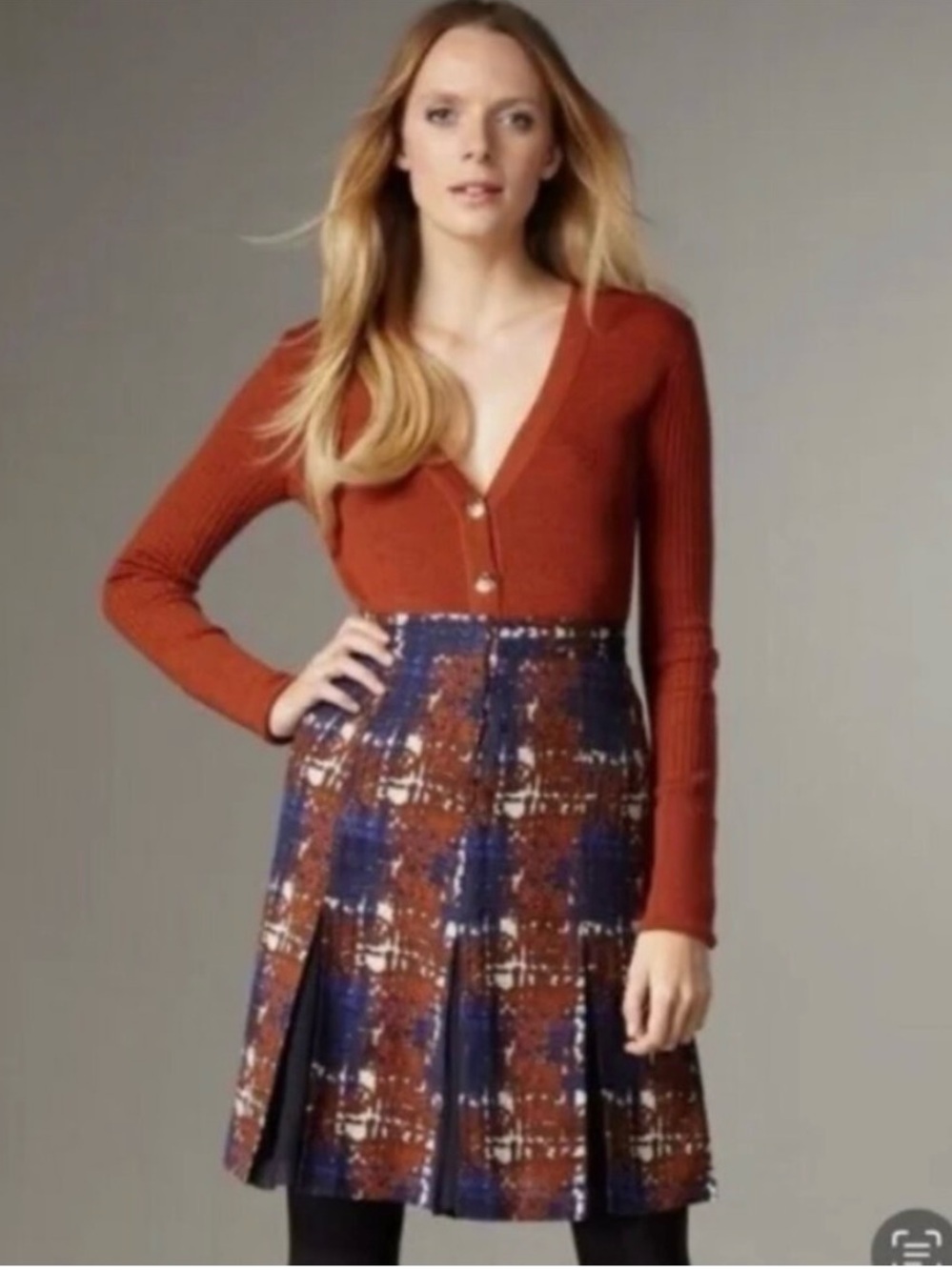 Tory Burch • Pleated Plaid A-Line Skirt in Brown and Navy • 4